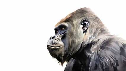 gorilla water color illustration portrait side view on white background