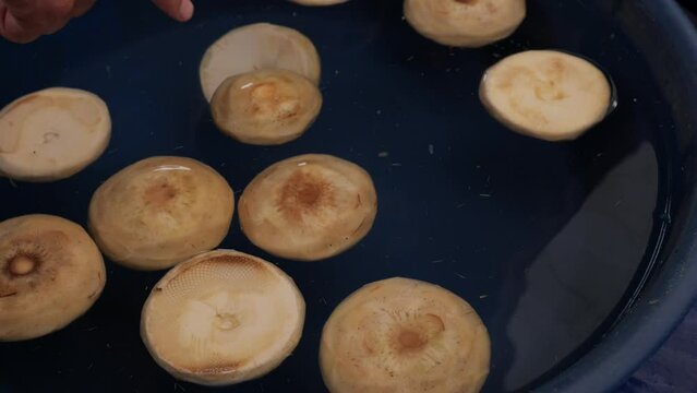 Buying Peeled artichokes in plastic bowl at local market