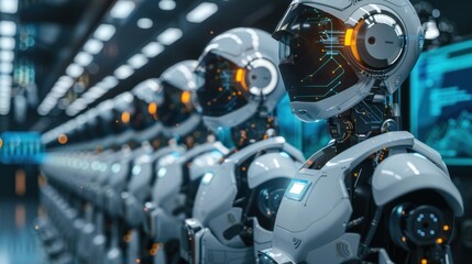 Fototapeta premium group of futuristic AI robots in advanced virtual reality technology.AI generated image