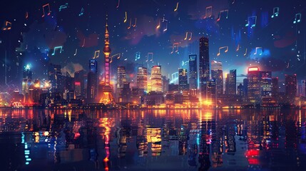 Fototapeta premium Melodic Journeys: Wallpaper of Iconic Landmarks and Musical Symbols for World Music Day