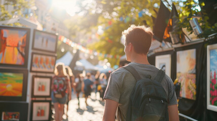 Obraz premium Young Caucasian man with backpack exploring outdoor art market on sunny day, surrounded by people and colorful paintings