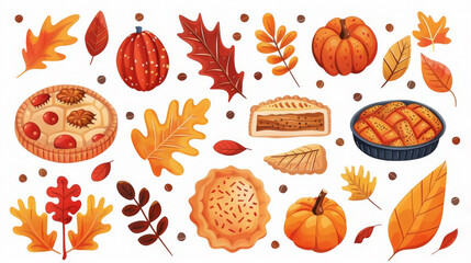 Autumnal arrangement showcasing fall leaves, various pastries, pumpkins, and a slice of pie in warm colors