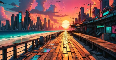 sci-fi boardwalk beach ocean sunset. cyberpunk lo fi city buildings by sea pier with waves of water on island shoreline urban tropical cityscape summer.