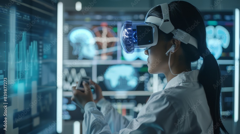 Poster person using virtual reality in a high-tech lab - an individual explores advanced data visualization