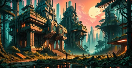Fototapeta premium gothic baroque cyberpunk city tower building palace at sunset. sci-fi lo-fi futuristic society goth overgrown architecture. fantasy landscape.