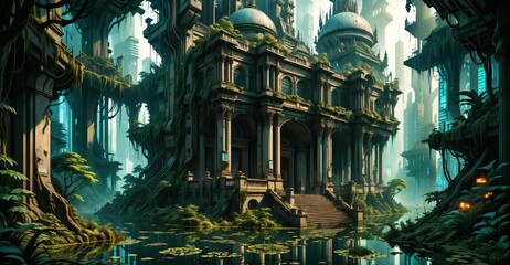 Obraz premium gothic baroque city palace in woodland forest wetlands. fantasy overgrowth cyberpunk town house castle in marsh swamp river pond lake water.