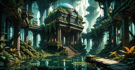 Obraz premium gothic baroque city palace in woodland forest wetlands. fantasy overgrowth cyberpunk town house castle in marsh swamp river pond lake water.