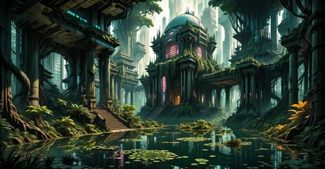 gothic baroque city palace in woodland forest wetlands. fantasy overgrowth cyberpunk town house castle in marsh swamp river pond lake water.