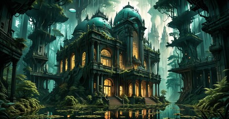 Obraz premium gothic baroque city palace in woodland forest wetlands. fantasy overgrowth cyberpunk town house castle in marsh swamp river pond lake water.