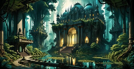 Fototapeta premium gothic baroque city palace in woodland forest wetlands. fantasy overgrowth cyberpunk town house castle in marsh swamp river pond lake water.