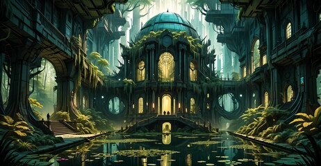 Fototapeta premium gothic baroque city palace in woodland forest wetlands. fantasy overgrowth cyberpunk town house castle in marsh swamp river pond lake water.