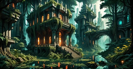 Obraz premium gothic baroque city palace in woodland forest wetlands. fantasy overgrowth cyberpunk town house castle in marsh swamp river pond lake water.