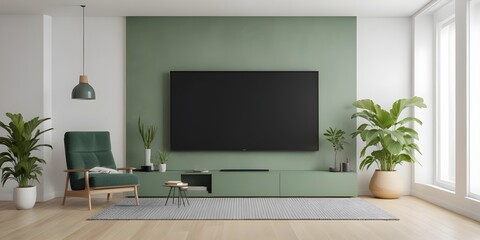 Frame mockup, Pastel TV room with green armchair and decoration accessory. 3D render
