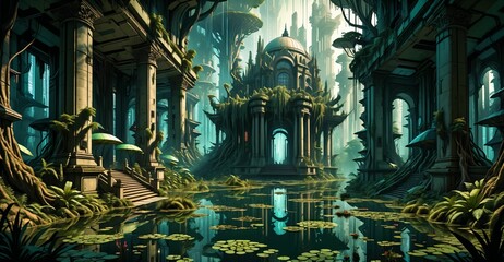 Obraz premium gothic baroque city palace in woodland forest wetlands. fantasy overgrowth cyberpunk town house castle in marsh swamp river pond lake water.