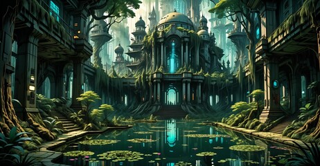 Fototapeta premium gothic baroque city palace in woodland forest wetlands. fantasy overgrowth cyberpunk town house castle in marsh swamp river pond lake water.