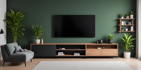 Frame mockup, Pastel TV room with green armchair and decoration accessory. 3D render