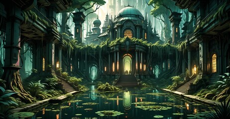 Fototapeta premium gothic baroque city palace in woodland forest wetlands. fantasy overgrowth cyberpunk town house castle in marsh swamp river pond lake water.