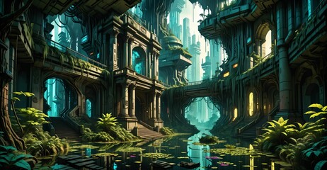 gothic baroque city palace in woodland forest wetlands. fantasy overgrowth cyberpunk town house castle in marsh swamp river pond lake water.