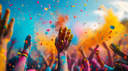 Colorful Holi festival celebration with hands up in the air.