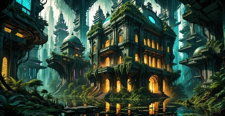 Fototapeta premium gothic baroque city palace in woodland forest wetlands. fantasy overgrowth cyberpunk town house castle in marsh swamp river pond lake water.
