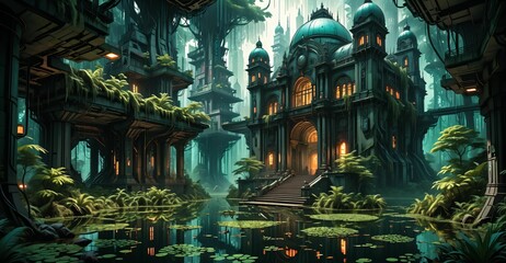 Obraz premium gothic baroque city palace in woodland forest wetlands. fantasy overgrowth cyberpunk town house castle in marsh swamp river pond lake water.