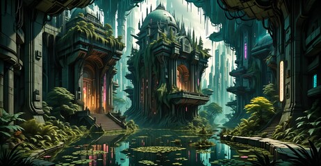 Fototapeta premium gothic baroque city palace in woodland forest wetlands. fantasy overgrowth cyberpunk town house castle in marsh swamp river pond lake water.