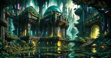 Fototapeta premium gothic baroque city palace in woodland forest wetlands. fantasy overgrowth cyberpunk town house castle in marsh swamp river pond lake water.