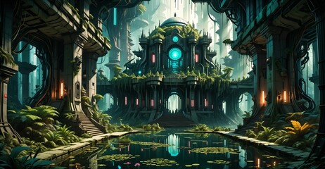 Fototapeta premium gothic baroque city palace in woodland forest wetlands. fantasy overgrowth cyberpunk town house castle in marsh swamp river pond lake water.