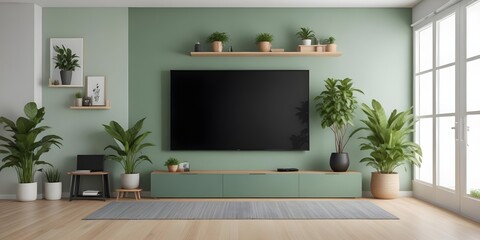 Frame mockup, Pastel TV room with green armchair and decoration accessory. 3D render
