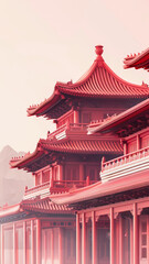 Naklejka premium Detailed Asian temple architecture - Intricate details of an Asian temple with layered roofs and warm reddish tones