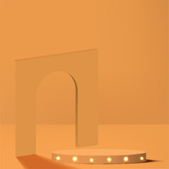 3d orange color podium with lighting and minimal orange wall scene Vector