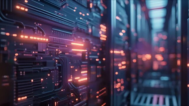A close-up view of a modern data processing unit within a high-tech server room. The intricate circuitry and glowing lights in red and blue hues highlight the advanced technology and sophisticated 