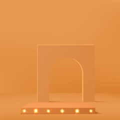 3d orange color podium with lighting and minimal orange wall scene Vector