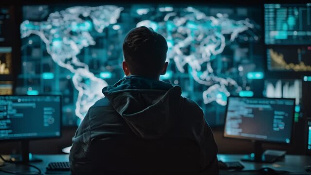 A focused cybersecurity analyst monitors multiple screens displaying data and a world map