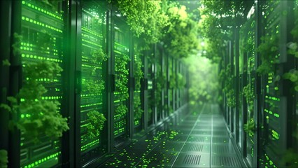 A futuristic data center seamlessly integrated with lush greenery and vibrant green lights - Powered by Adobe
