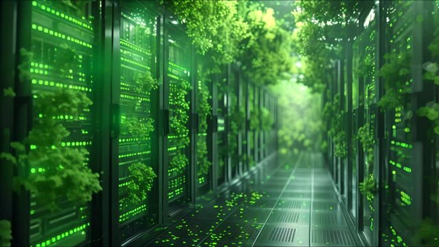 A futuristic data center seamlessly integrated with lush greenery and vibrant green lights
