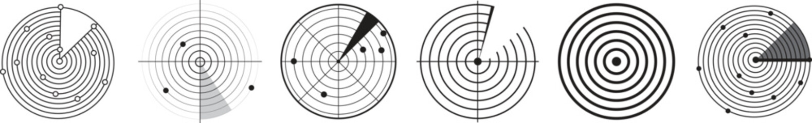 Radar Screen icon collection. Sonar search. HUD design. Sci-fi futuristic user interface. Trendy flat vector Radar detection icon on white background
