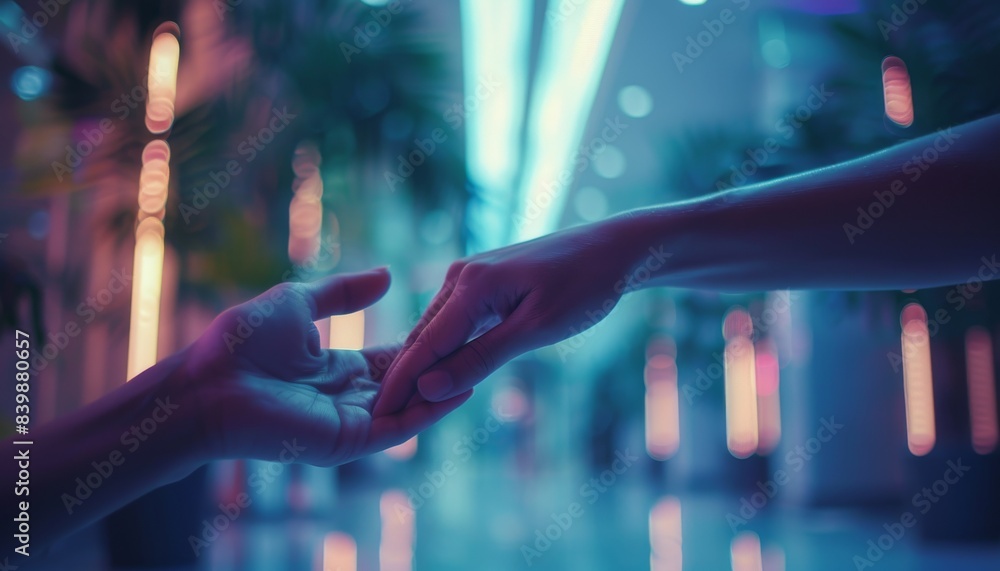 Poster close-up of two hands reaching out, creating a sense of connection and intimacy with a glowing, neon