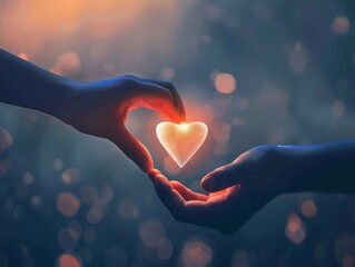 A heartfelt moment captured with two hands gently holding a glowing heart in a warm and serene ambiance, symbolizing love and kindness.