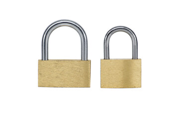 Fototapeta premium Two shiny gold padlocks isolated on white background