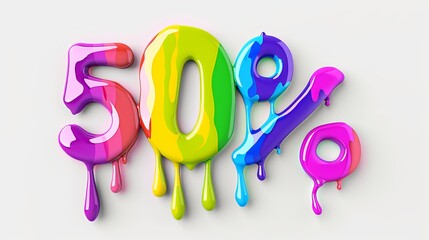 Liquid dripping 50 off sale sign, Liquid dripping rainbow, flat design top view fantasy theme, 3D, isolated on white background