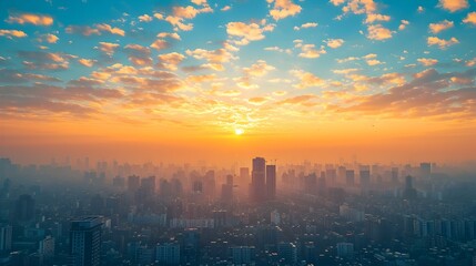 Vibrant Sunrise Illuminating Bustling Cityscape Symbolizing New Opportunities and Embracing Energy of Fresh Beginnings
