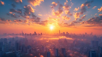 Vibrant Sunrise Over Bustling City Skyline Symbolizing New Opportunities and Embracing the Energy of New Beginnings