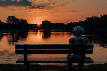 Fototapeta premium Robot Sitting on Bench in sunset lake.