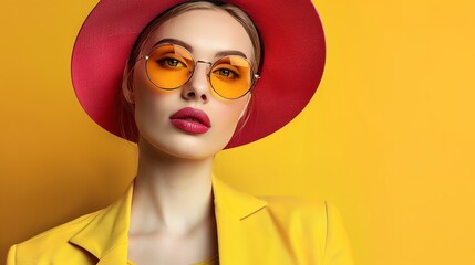 Fototapeta premium Portrait of a woman wearing a red hat and yellow sunglasses