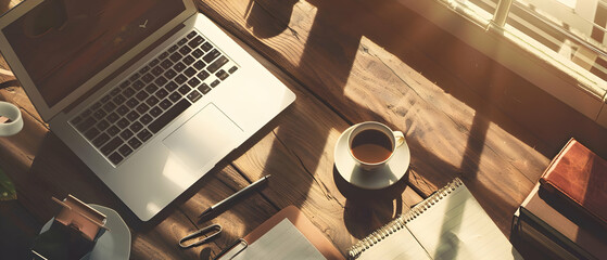 A top-down perspective of a workspace, showcasing a modern laptop, a cup of coffee, scattered notebooks, and pens, with sunlight streaming through a nearby window casting soft shadows