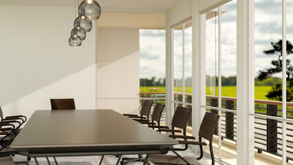 The interior design of a contemporary meeting room with sunlight streaming through a large window.