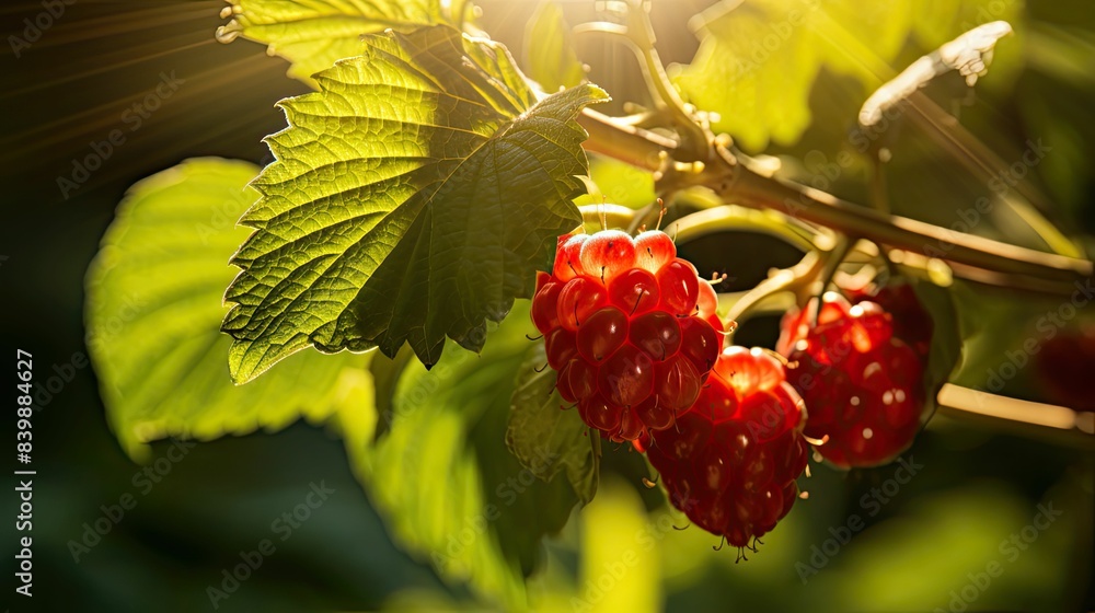 Poster thorny leaves raspberry fruit