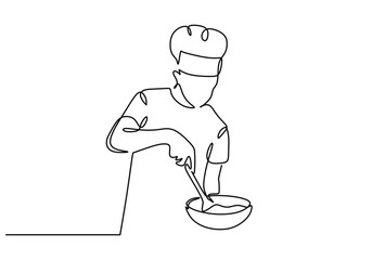 Chef cooking at kitchen with pan continuous line drawing. Vector illustration minimalist hand drawn.