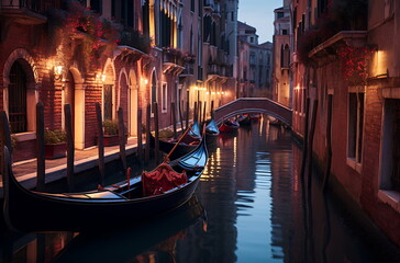 a boat along a narrow canal as the building, generative ai